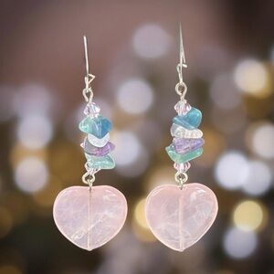 Rose Quartz Dangle Heart Earrings | Fluorite Chips | Sterling Silver | OOAK